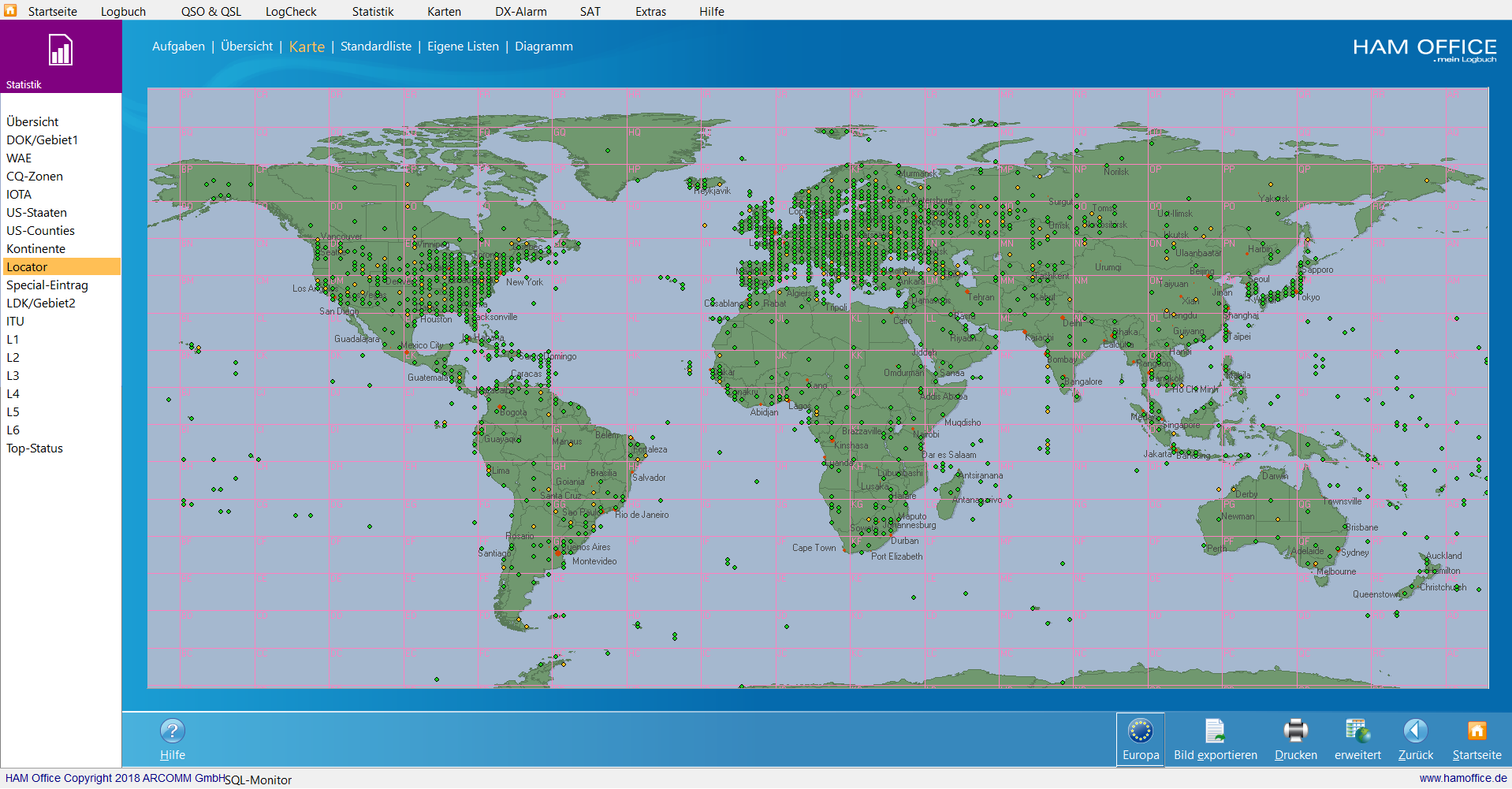 qso-auswertungen Locator-Karte Welt hamoffice mein amateurfunk logbuch